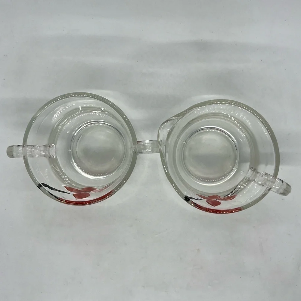 Vtg Sugar Creamer Set Handpainted Glass Poinsettia Floral Christmas Serveware